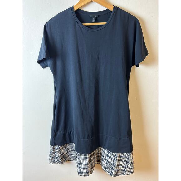COS Navy Blue Jersey Net Short Sleeve Plaid Bottom Shift MIDI Dress Size Small - Picture 1 of 4